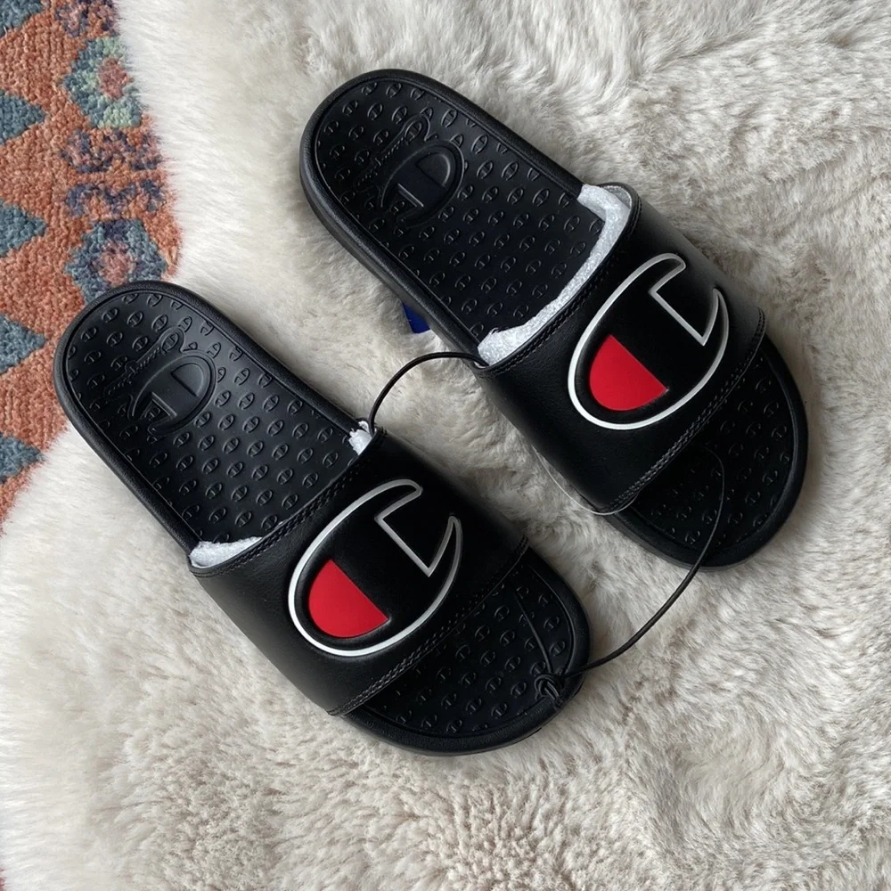 Champion kids super slide sandal black athletic slip on logo shoe boys size 4